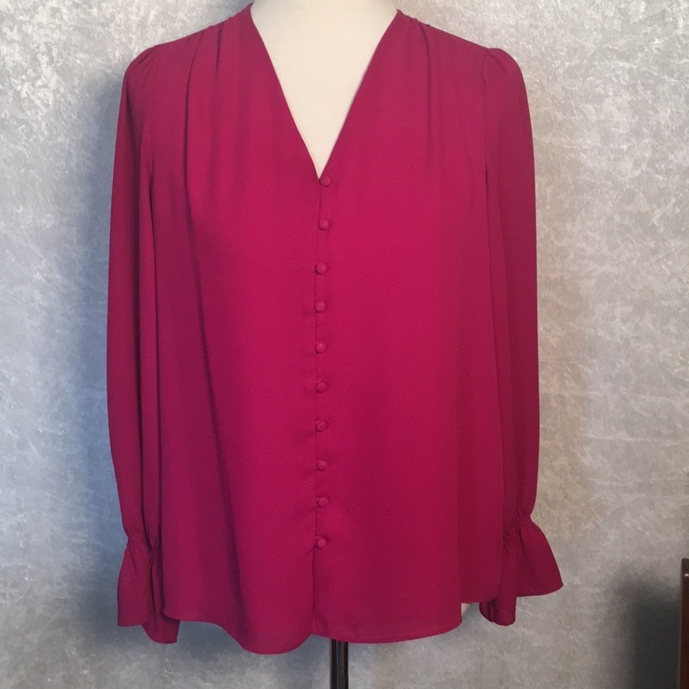 Alfani Magenta Ruffled sleeve V Neck Blouse covered button front size XS